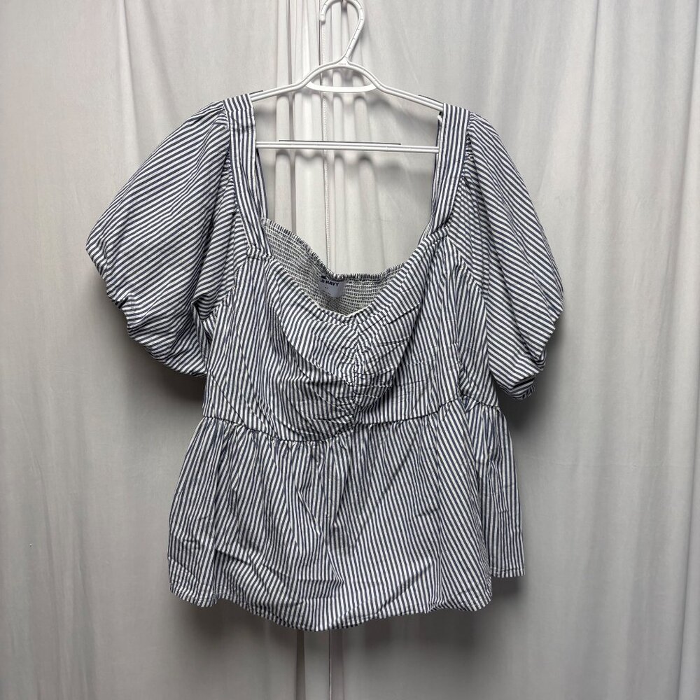 Old Navy Blue White Striped Smocked Top Womens 4X Cotton Short Puff Sleeves NEW